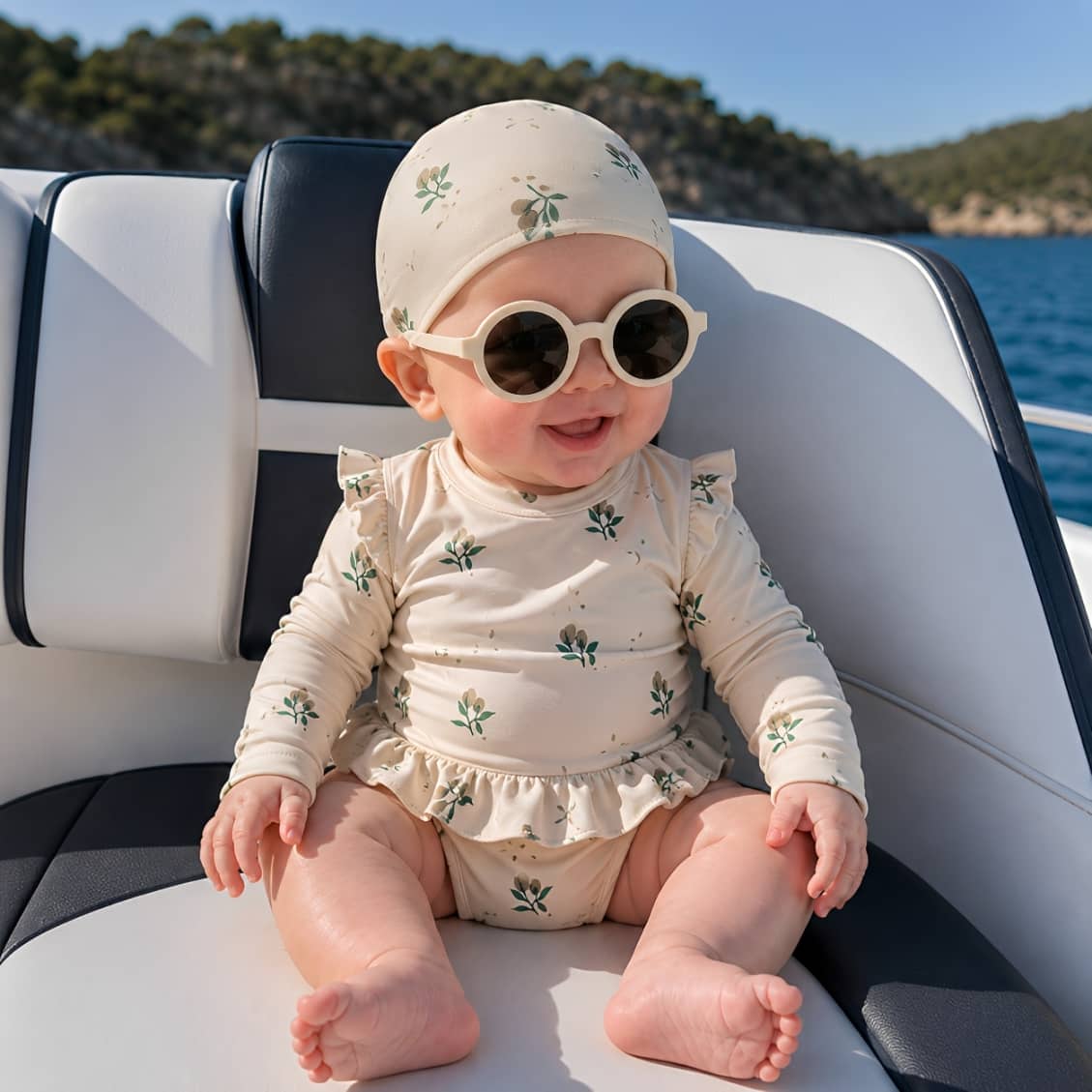 baby girl wearing beige floral long sleeve swimsuit with matching swim hat and sunglasses