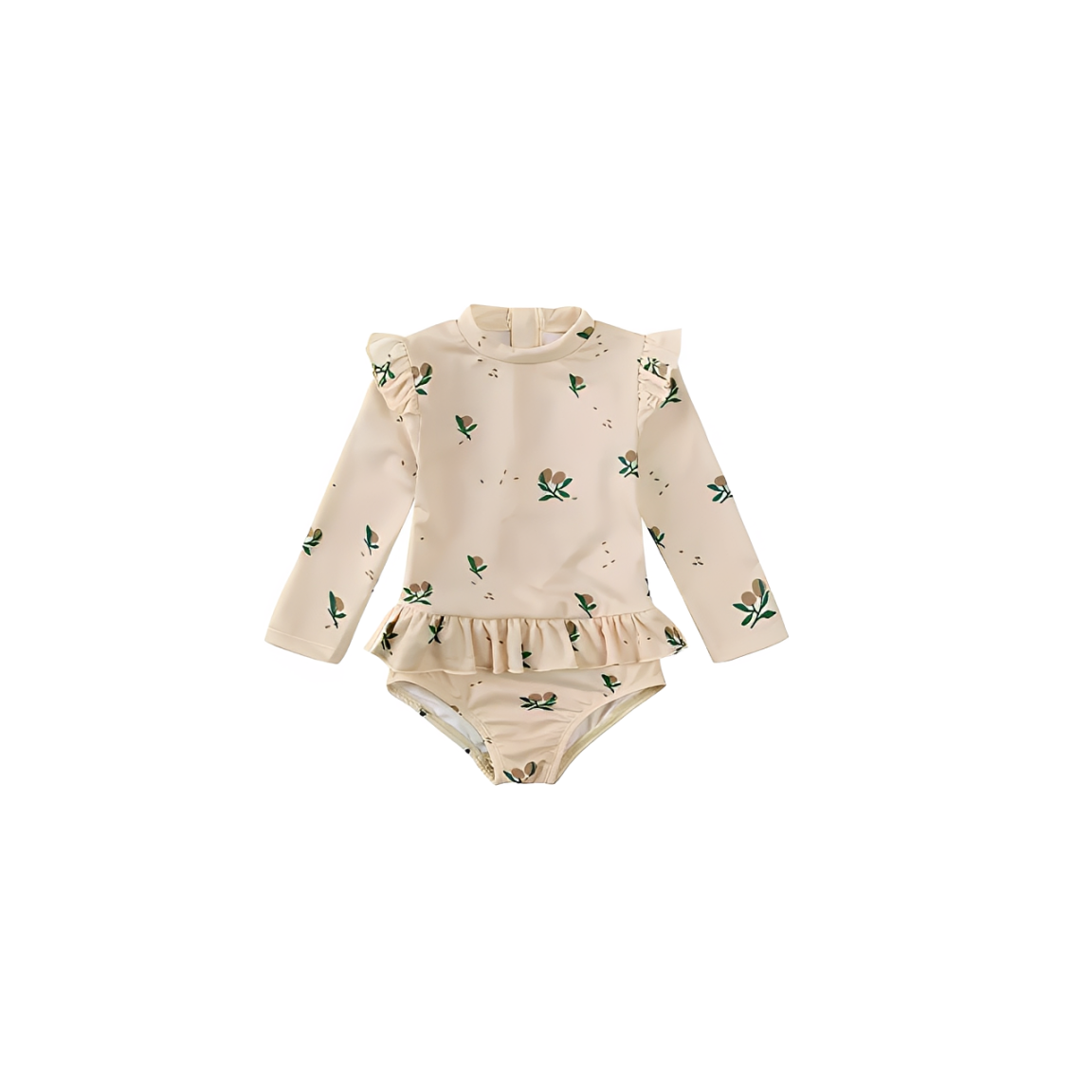 Baby floral long sleeve swimsuit in beige with frill detail