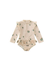 Baby floral long sleeve swimsuit in beige with frill detail