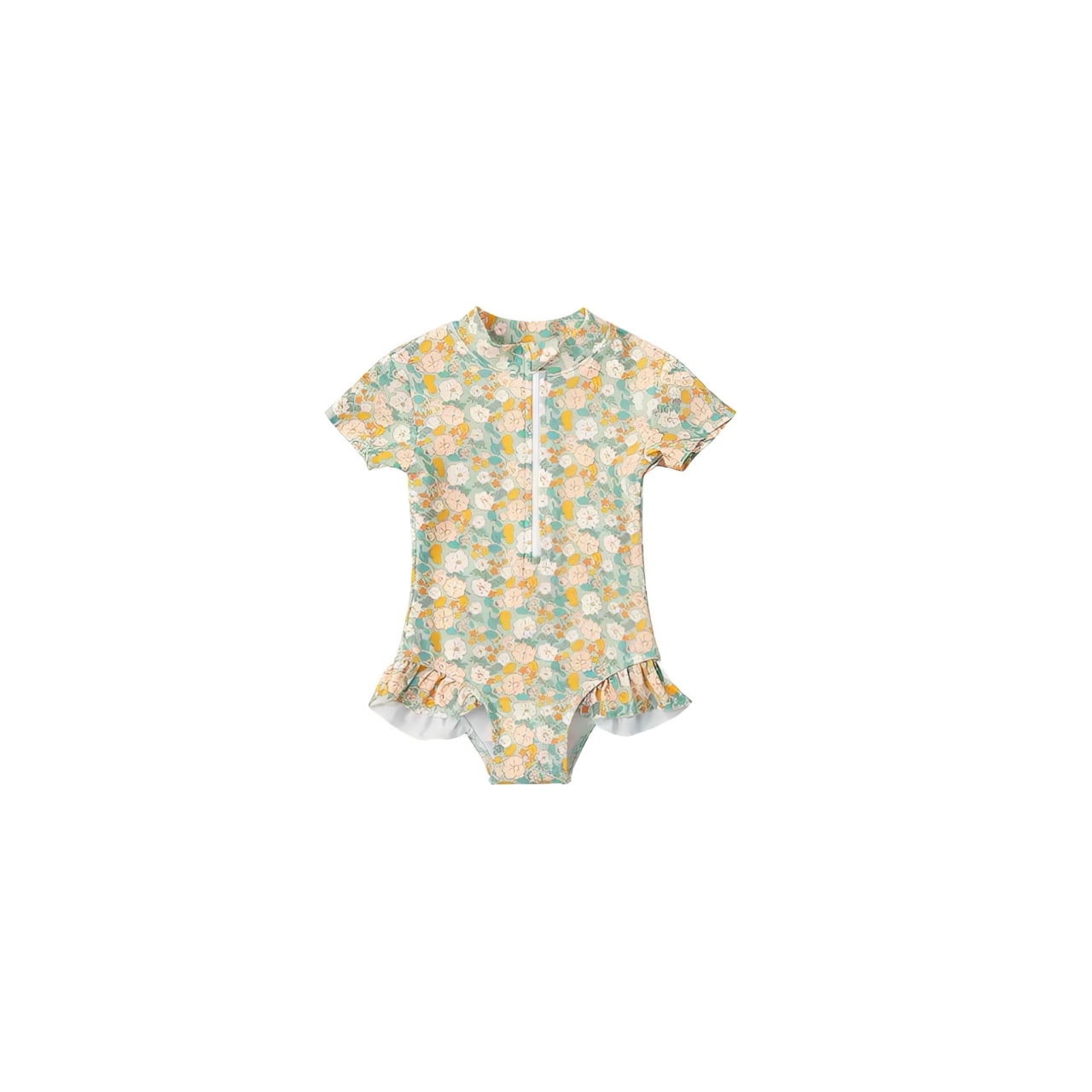 Baby floral print short sleeve swimsuit, toddler girls summer swimwear, quick dry baby one piece with front zip
