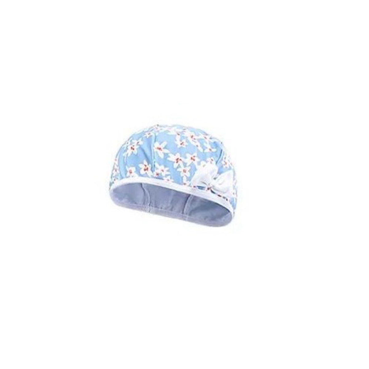 blue floral baby swim hat with bow detail matching swimsuit