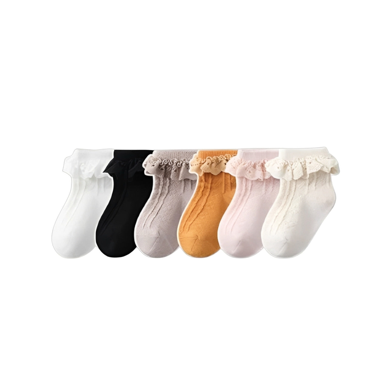 Set of six baby socks with lace frill trim in assorted colors, soft cotton and non-slip design.