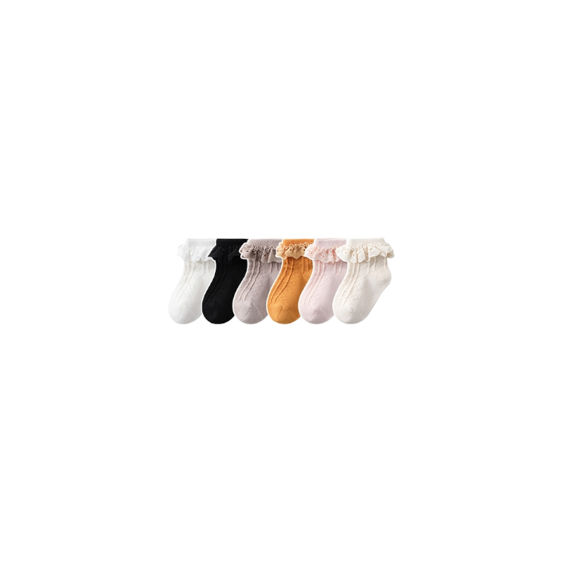 Set of six baby socks with lace frill trim in assorted colors, soft cotton and non-slip design.