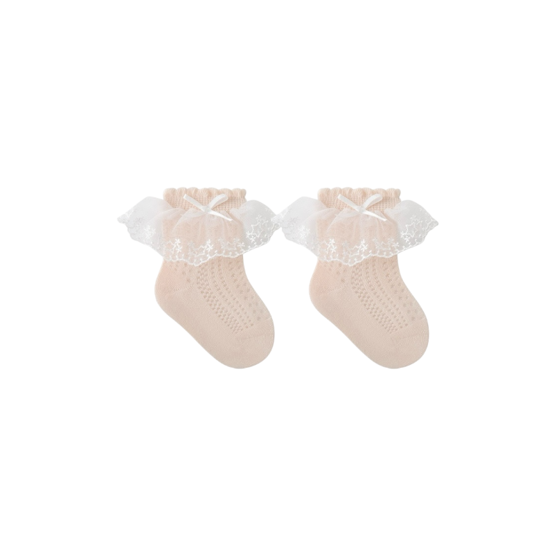 Adorable baby girl lace socks with elegant frills and seamless stitching for sensitive skin