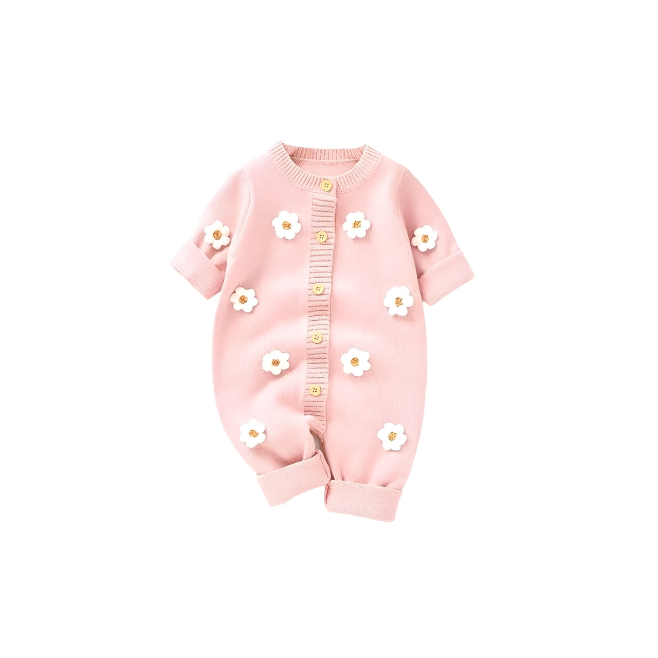 Pink knitted baby romper with 3D white daisy flowers and wooden buttons on the front
