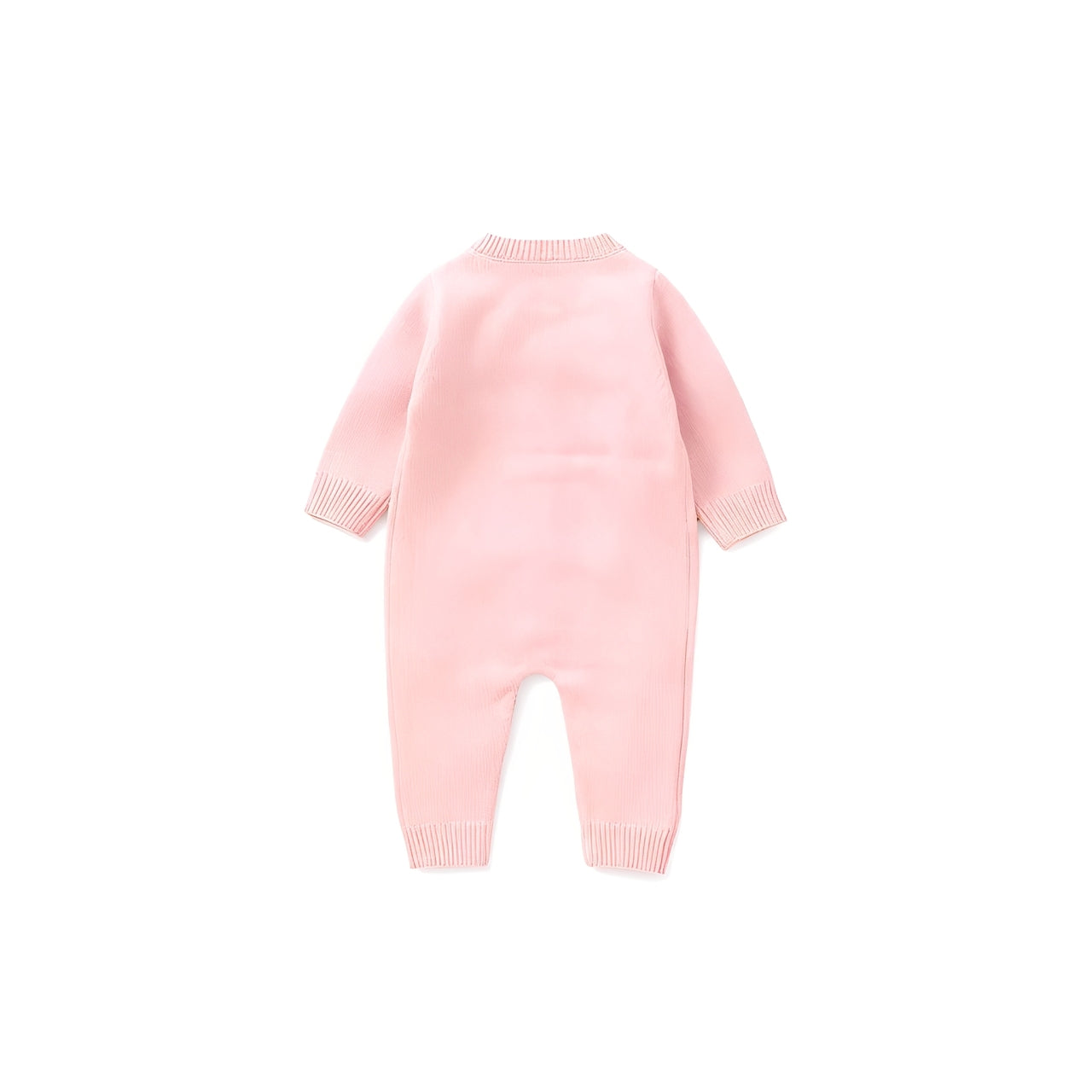 Back view of pink knitted baby romper with long sleeves