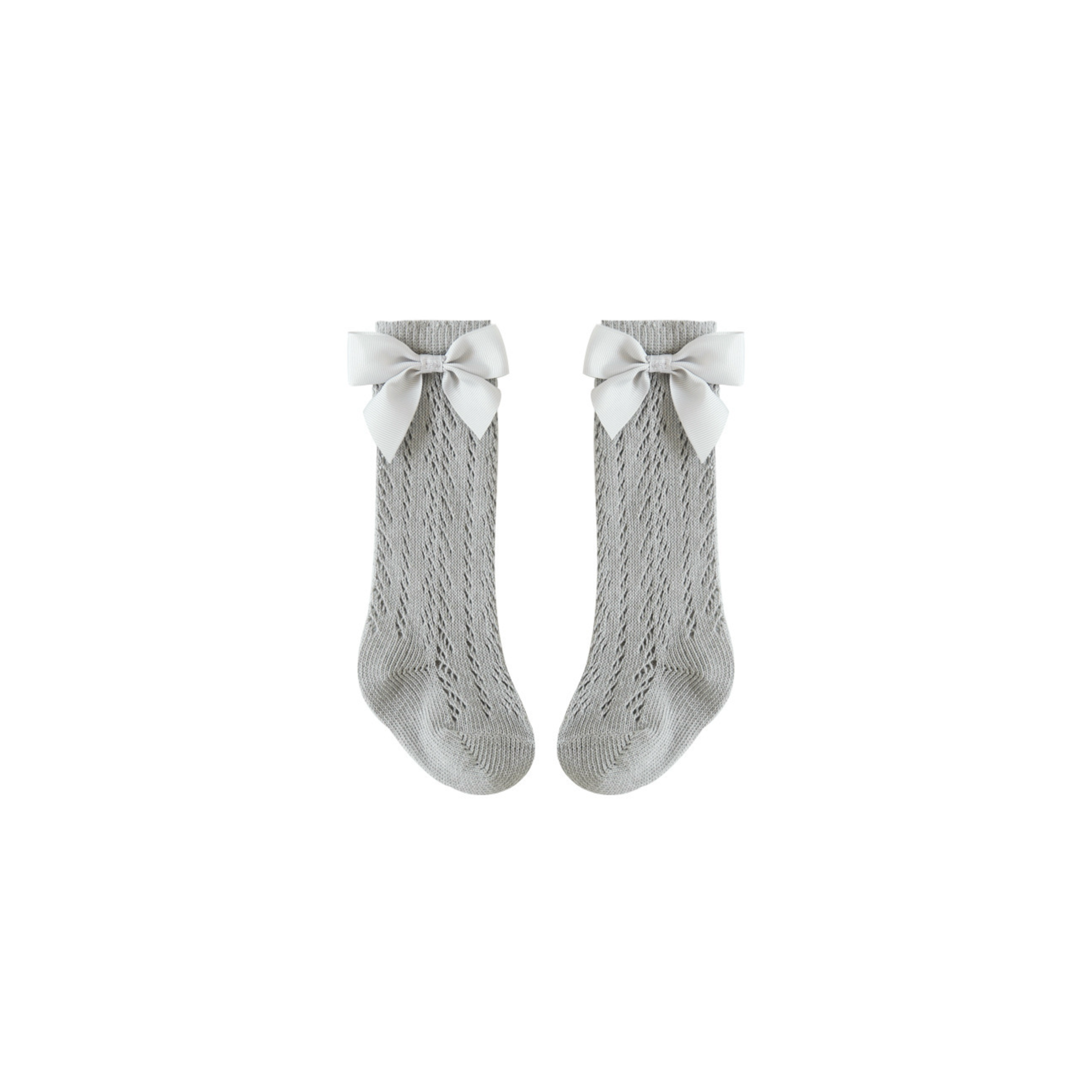 Gray baby lace knee-high socks with white ribbon bow, soft cotton knit for toddlers
