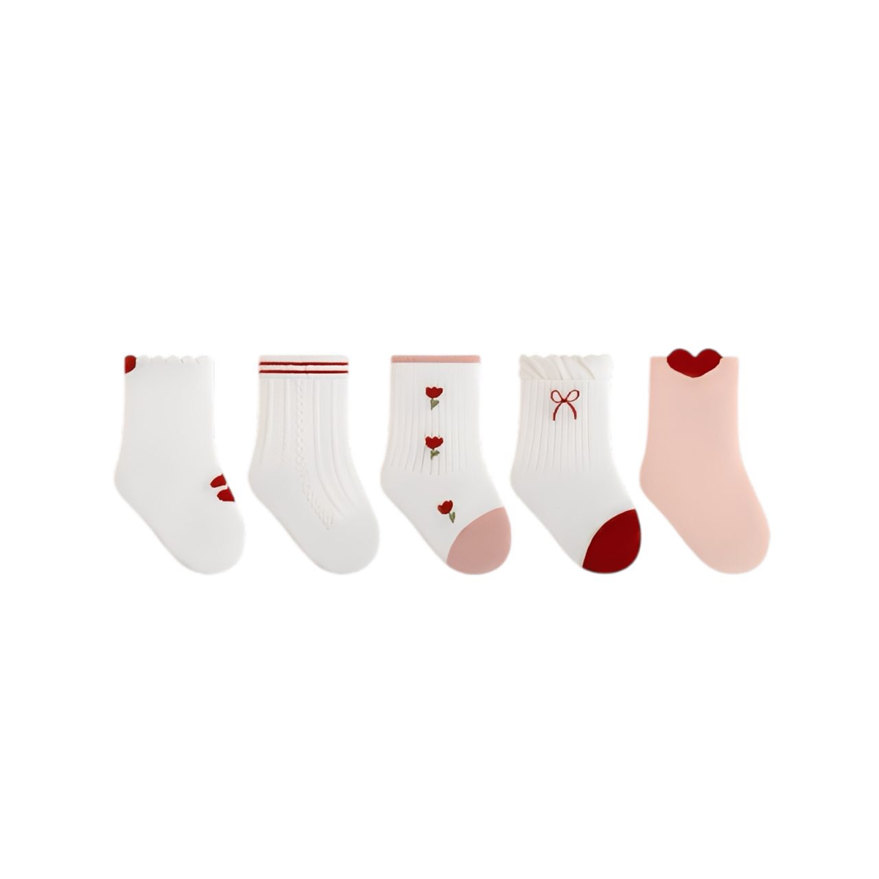 Adorable baby cotton socks set with heart and bow designs in pink and white