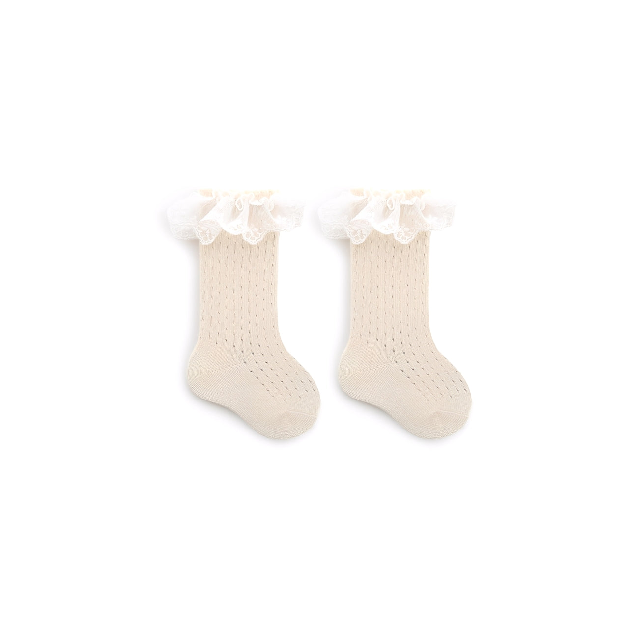 Cream cotton lace knee-high socks for baby girls, delicate ruffle edge spring socks