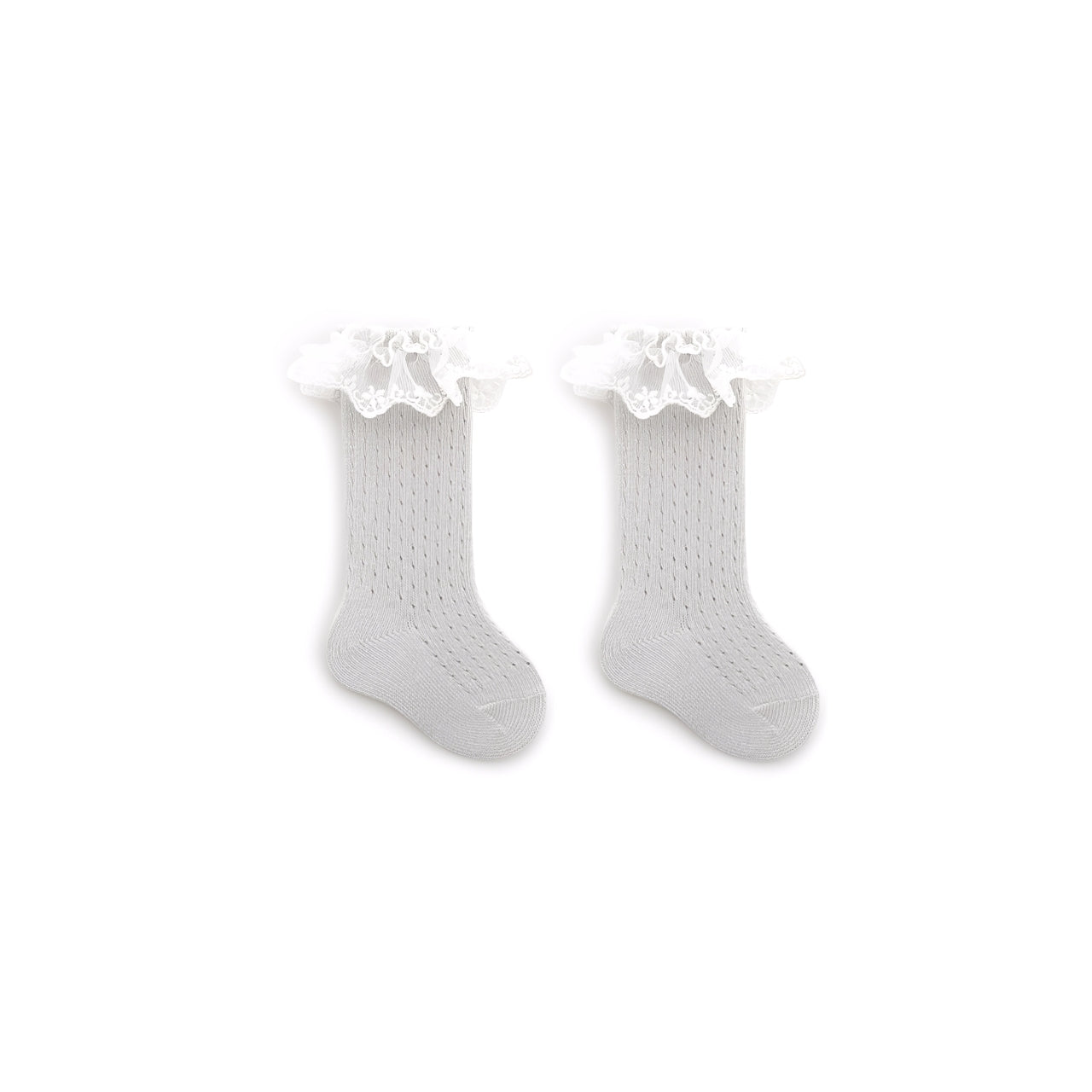 Light gray lace ruffle knee-high baby socks, soft breathable cotton toddler socks