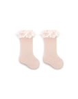 Soft pink lace baby socks with frilly trim, breathable cotton knee-high socks for infants
