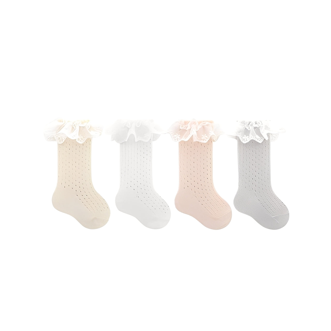 Set of lace knee-high baby socks in beige, white, pink, and gray, breathable cotton ruffle design