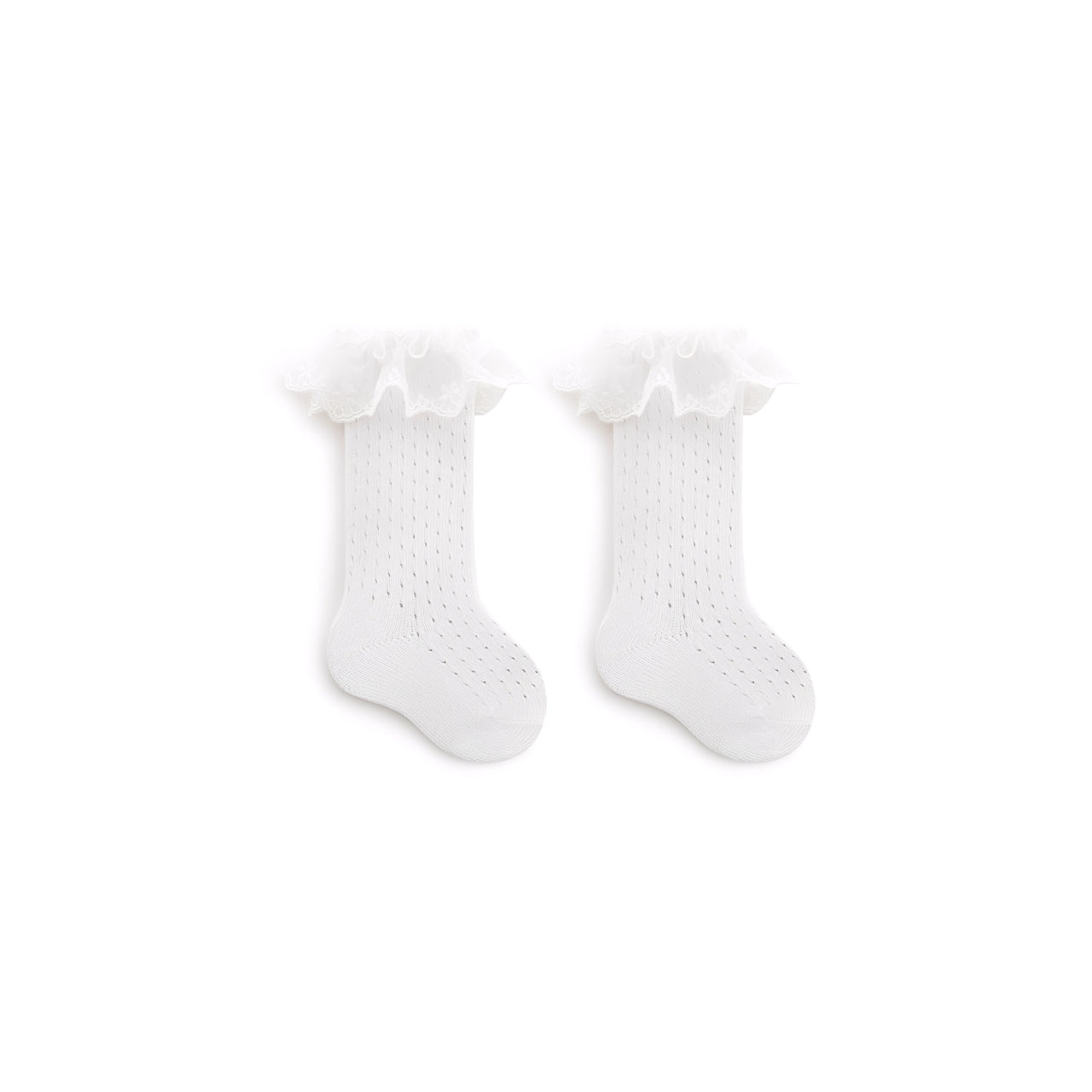 White lace knee-high cotton socks for baby girls, soft breathable ruffle socks for toddlers