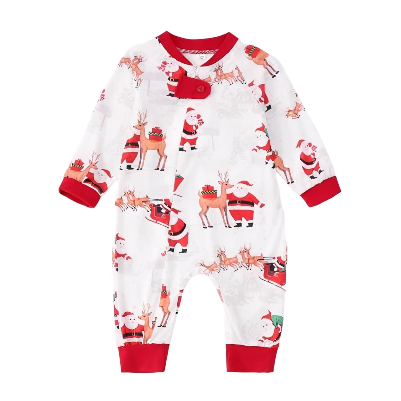 Baby Christmas romper pajamas with Santa Claus and reindeer print, red trim.