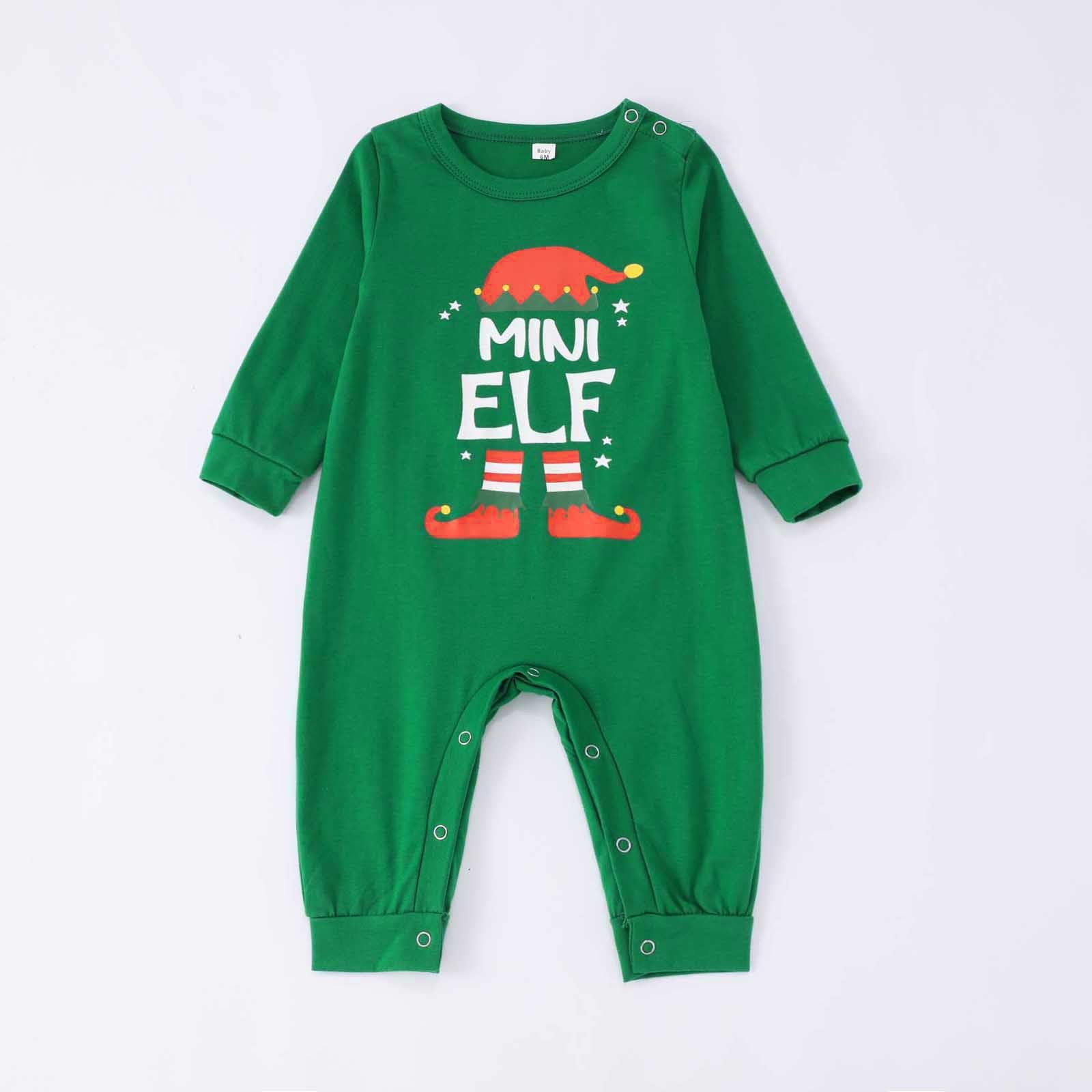 Baby Mini Elf Christmas romper with green long sleeve top and elf print design
