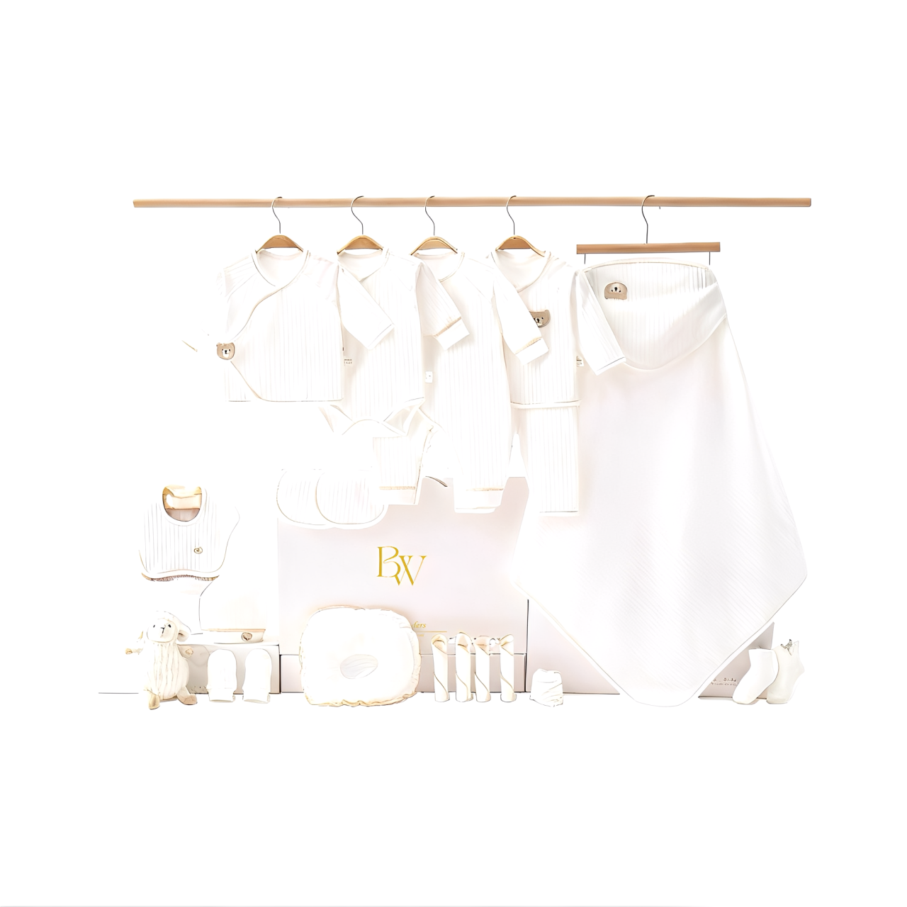 Luxury newborn baby gift set in white with clothing, blanket, bib, and essentials - perfect baby shower present