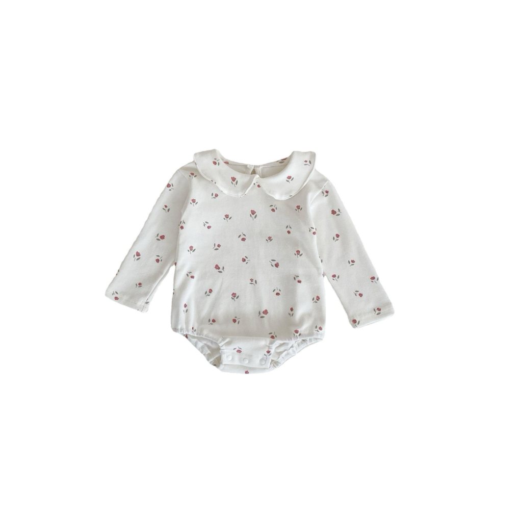 Baby Peter Pan collar romper with small floral print in soft neutral tones
