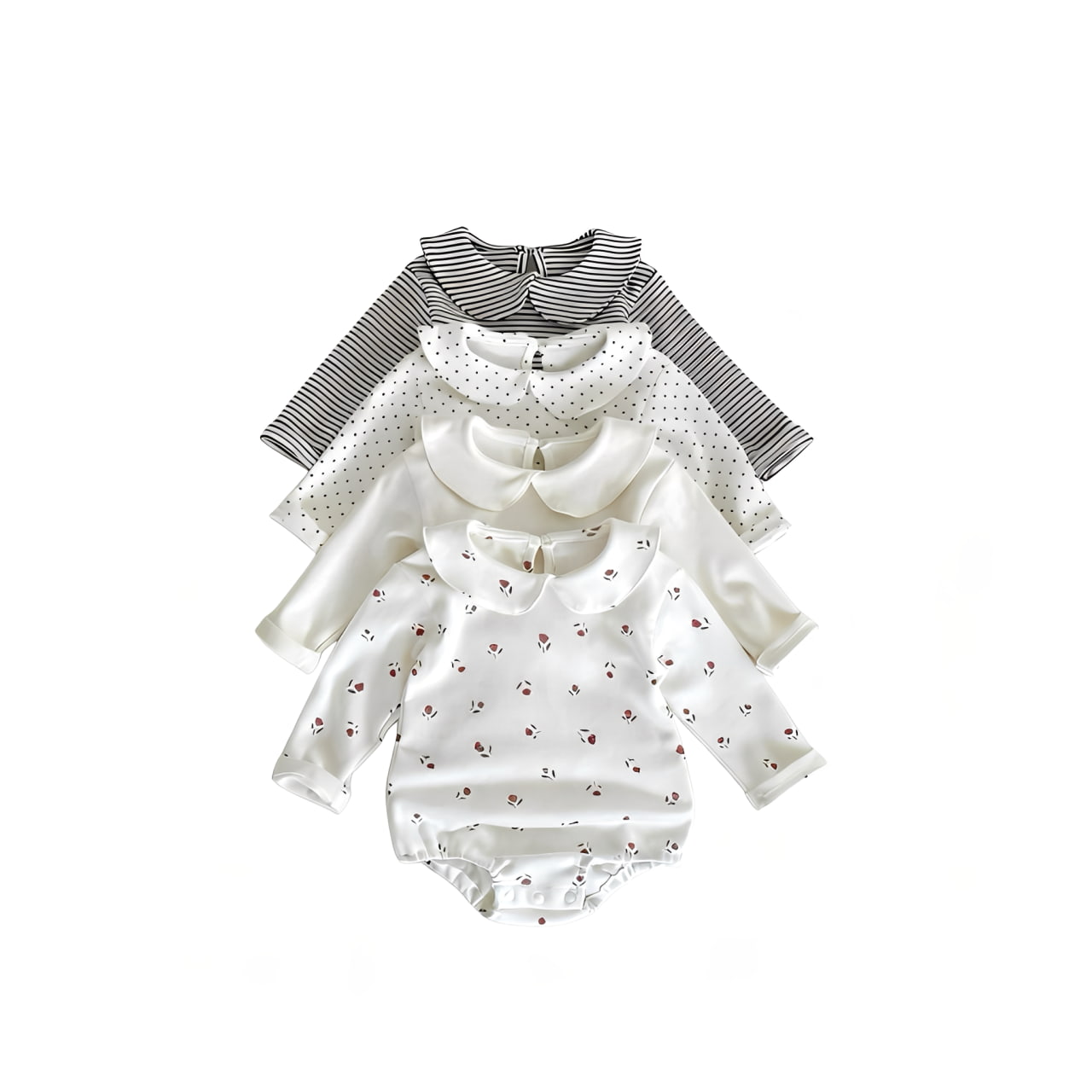 Baby Peter Pan collar romper set 4 pack in neutral tones with floral, stripe, polka dot and plain designs