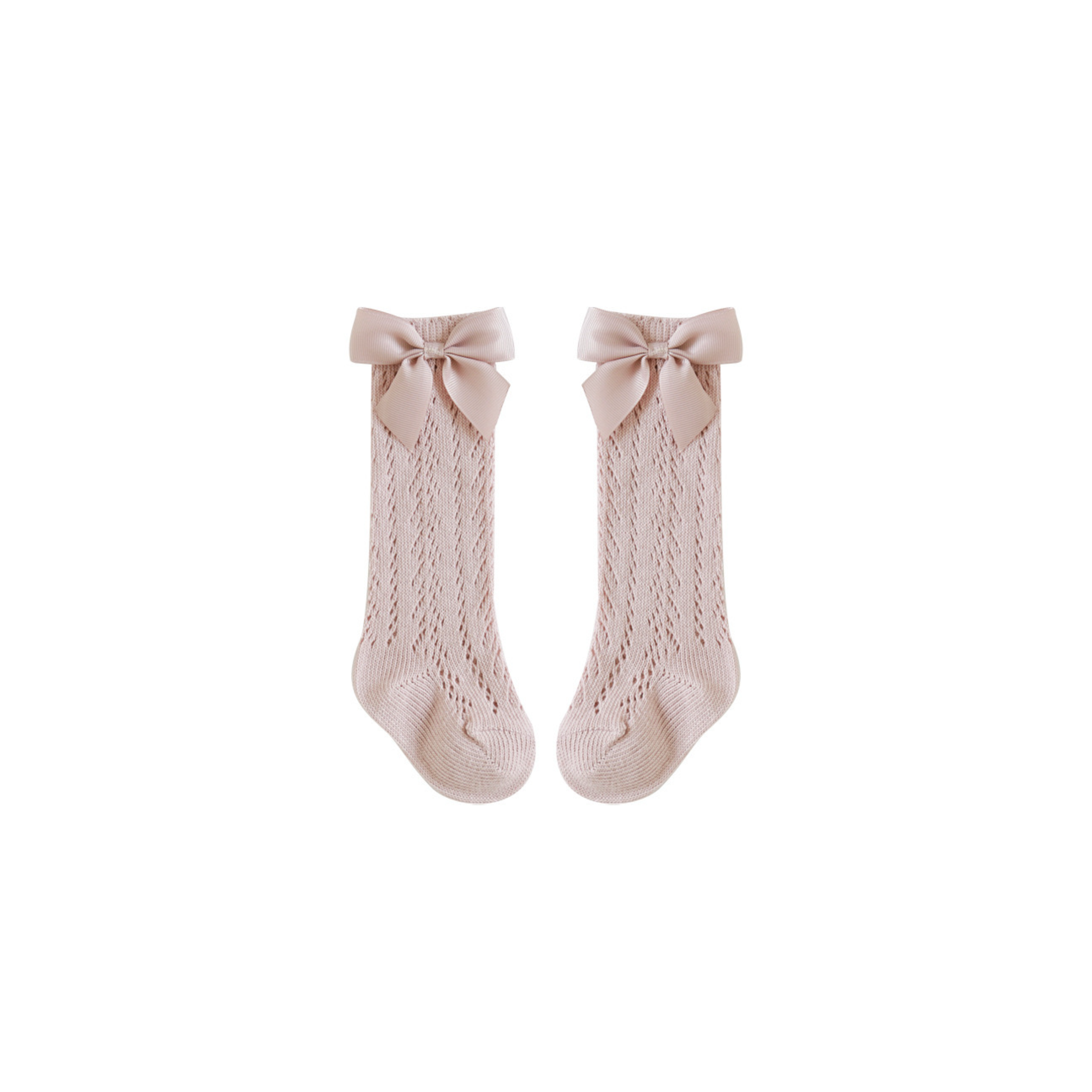Pink baby lace knee-high socks with satin bow, cute breathable cotton design for girls
