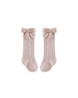 Pink baby lace knee-high socks with satin bow, cute breathable cotton design for girls
