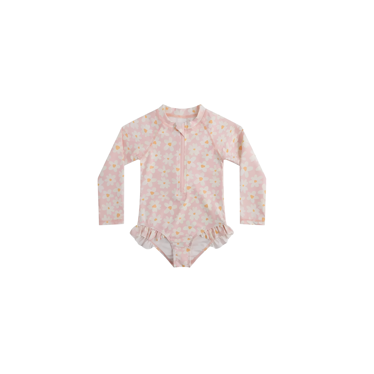 Baby pink daisy long sleeve swimsuit with floral print