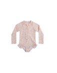 Baby pink daisy long sleeve swimsuit with floral print