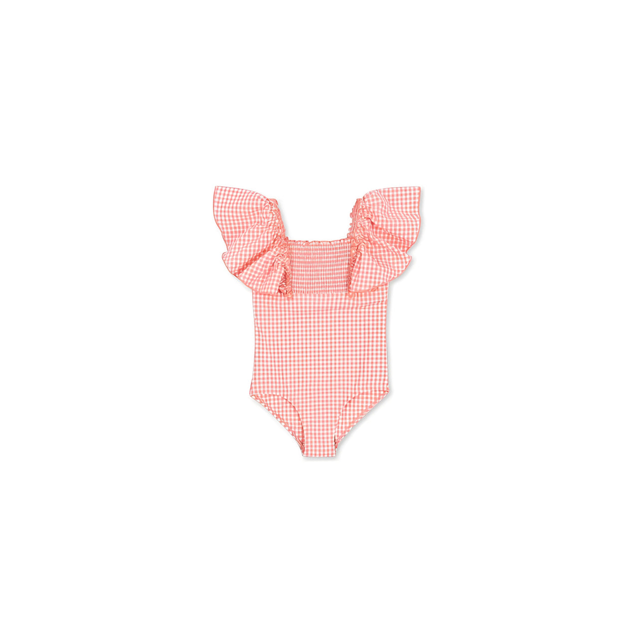 Baby pink gingham frill swimsuit, toddler girls summer swimwear with ruffle shoulders, cute one piece baby swimsuit for beach and pool
