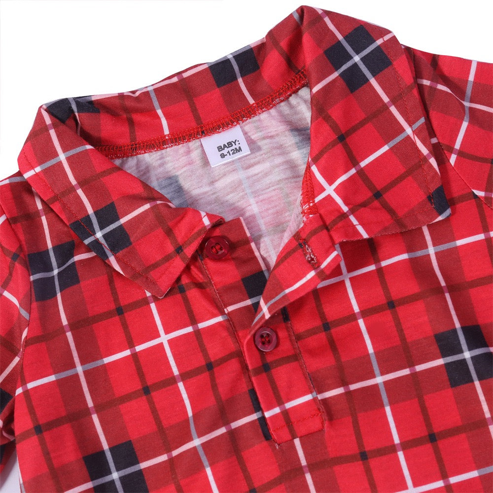 Baby plaid romper pajamas with button front and collar