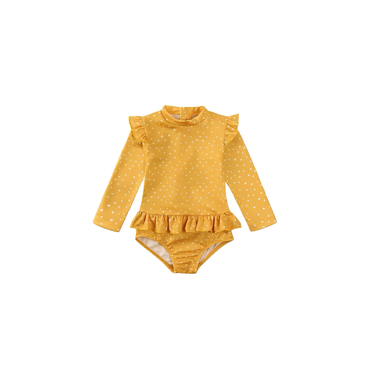 Baby long sleeve polka dot swimsuit yellow front view with frill detail, soft quick-dry baby swimwear for beach and pool