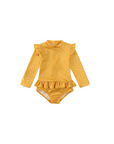 Baby long sleeve polka dot swimsuit yellow front view with frill detail, soft quick-dry baby swimwear for beach and pool