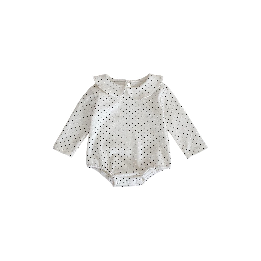 White baby polka dot romper with Peter Pan collar, long sleeve soft cotton baby outfit for everyday wear