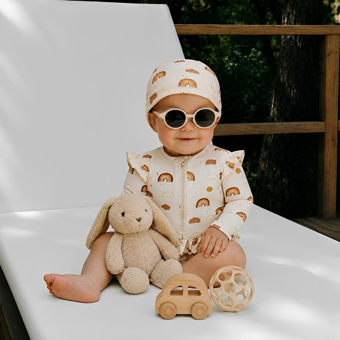 baby girl wearing cream rainbow print long sleeve swimsuit with matching swim hat and sunglasses