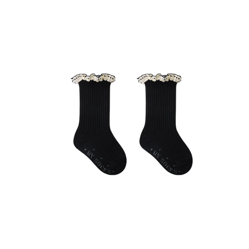 Black ribbed baby socks with lace ruffle edge, non-slip sole for toddlers