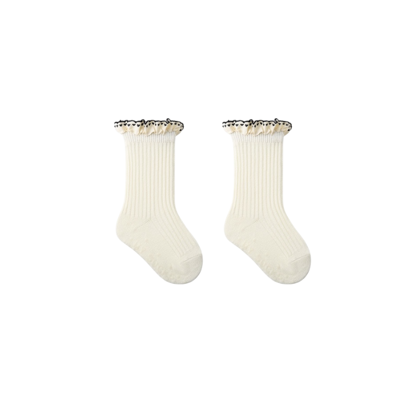 Cream ruffle baby cotton socks with anti-slip bottom, soft and breathable design