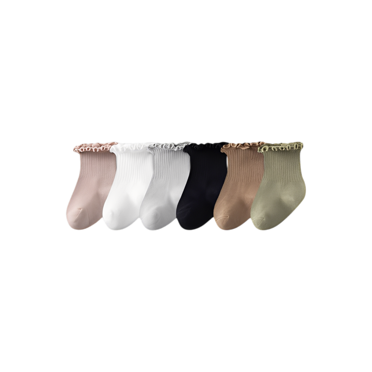 Set of six baby ruffle edge cotton socks in neutral colors, featuring soft breathable knit and elastic cuff for comfort
