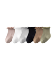 Set of six baby ruffle edge cotton socks in neutral colors, featuring soft breathable knit and elastic cuff for comfort
