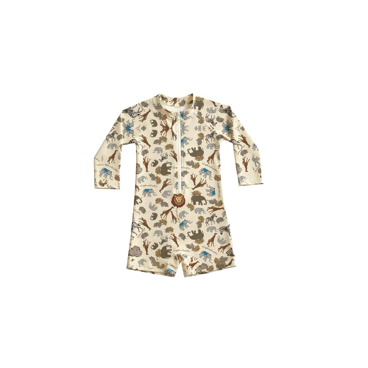 cream baby rash guard swimsuit with safari animal print and front zip
