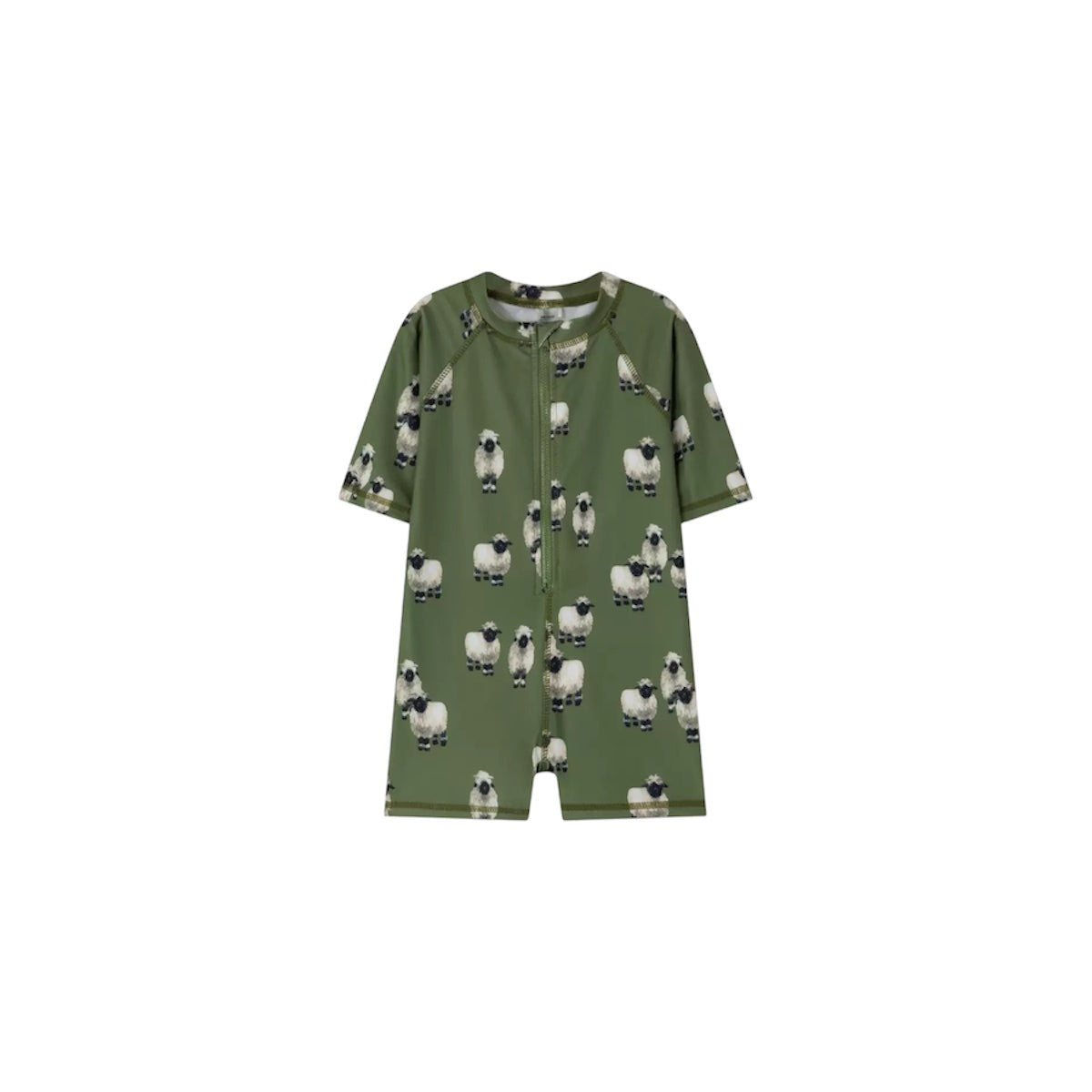 Green sheep print baby zip swim romper with short sleeves, UPF50 toddler swimsuit, breathable quick dry fabric for beach and pool