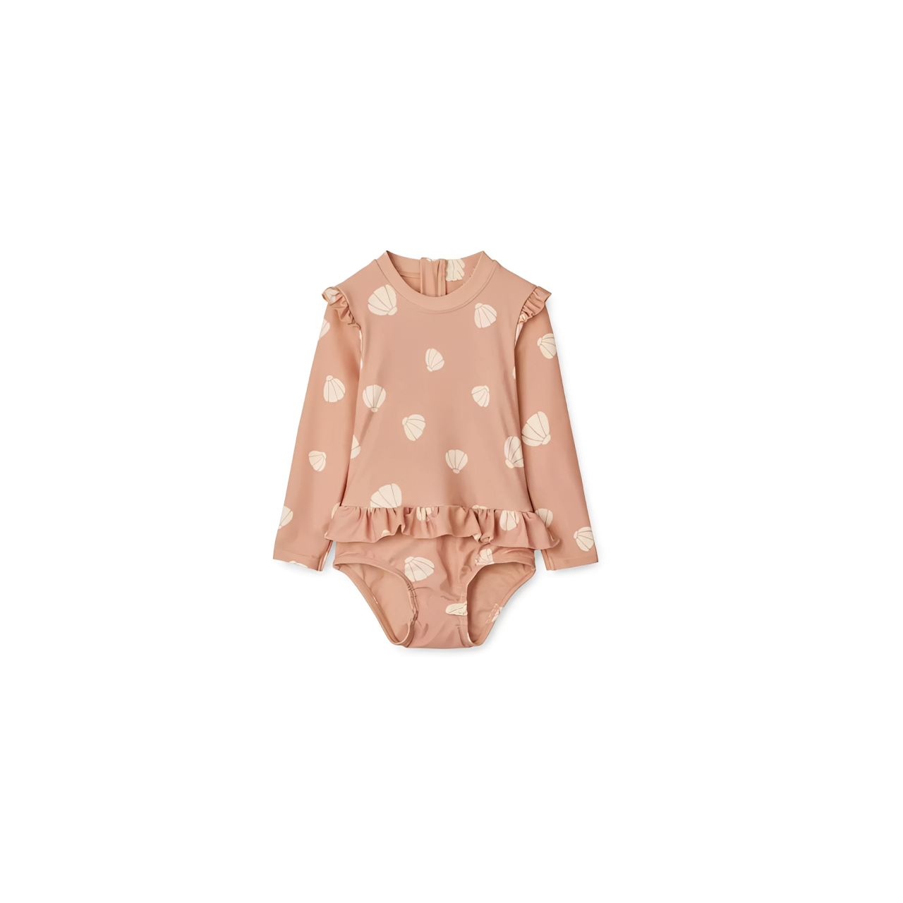 Baby shell print long sleeve swimsuit in peach with frill detail