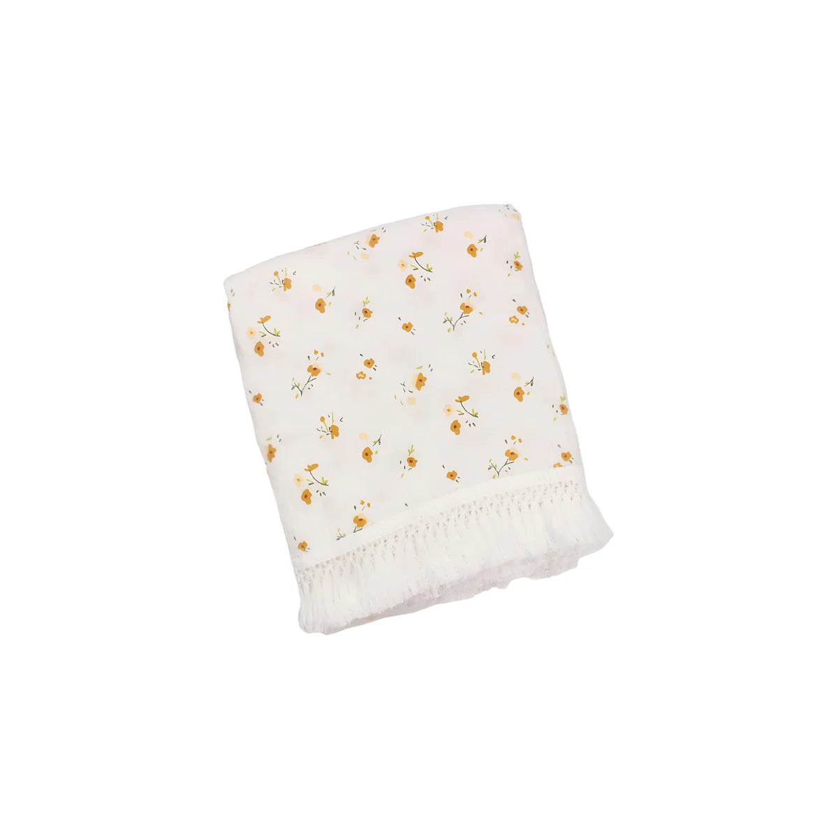 Sleeping newborn baby wrapped in a sunflower print cotton baby blanket with tassel trim, soft breathable blanket for nursery naps and everyday comfort.