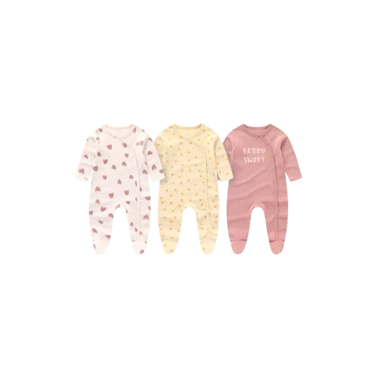 Three pack baby sleepsuits set with strawberry yellow floral and pink polka dot designs front view
