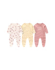 Three pack baby sleepsuits set with strawberry yellow floral and pink polka dot designs front view