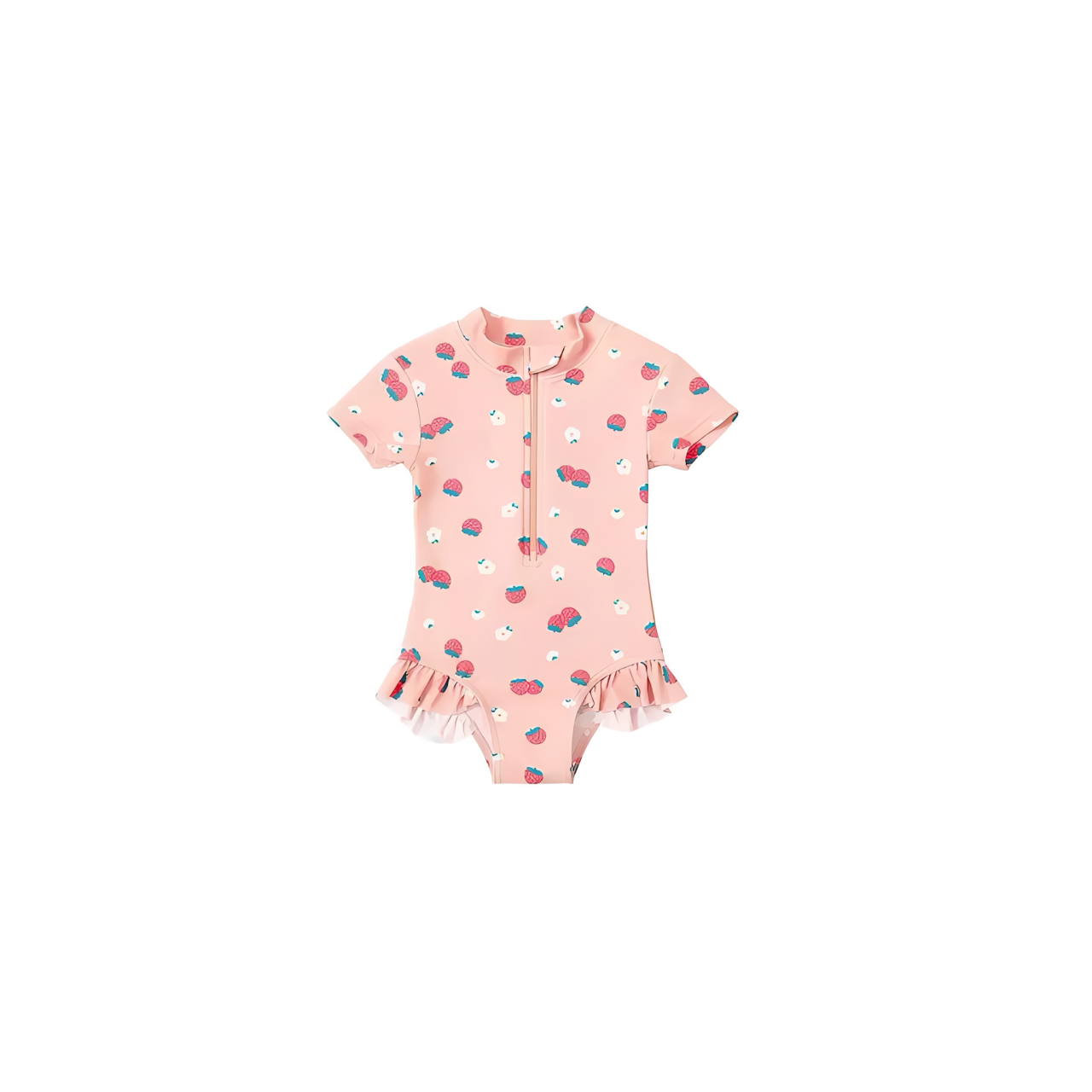 Baby strawberry print short sleeve swimsuit, toddler girls summer swimwear, cute fruit print baby one piece with front zip
