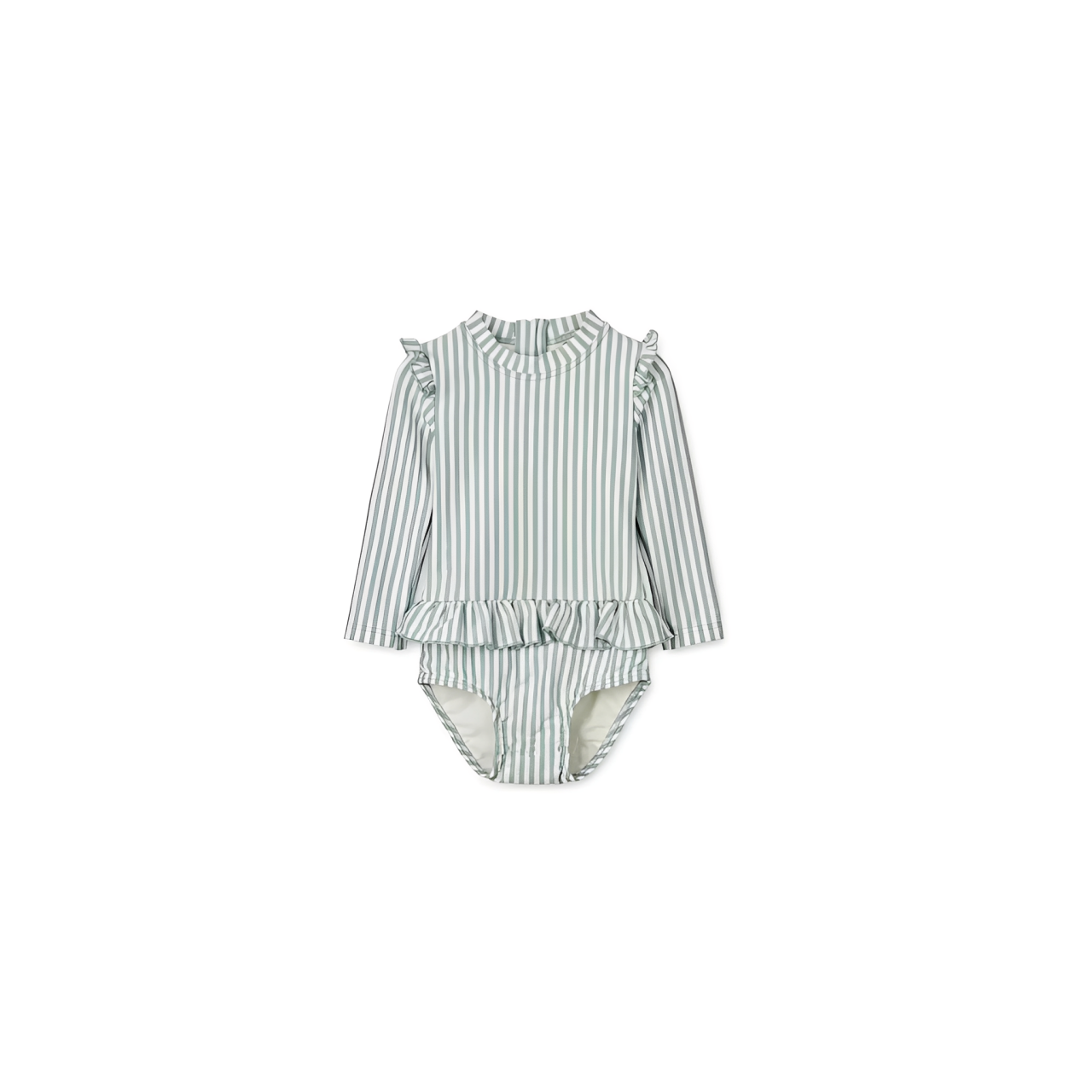 Baby green stripe long sleeve swimsuit with frill detail