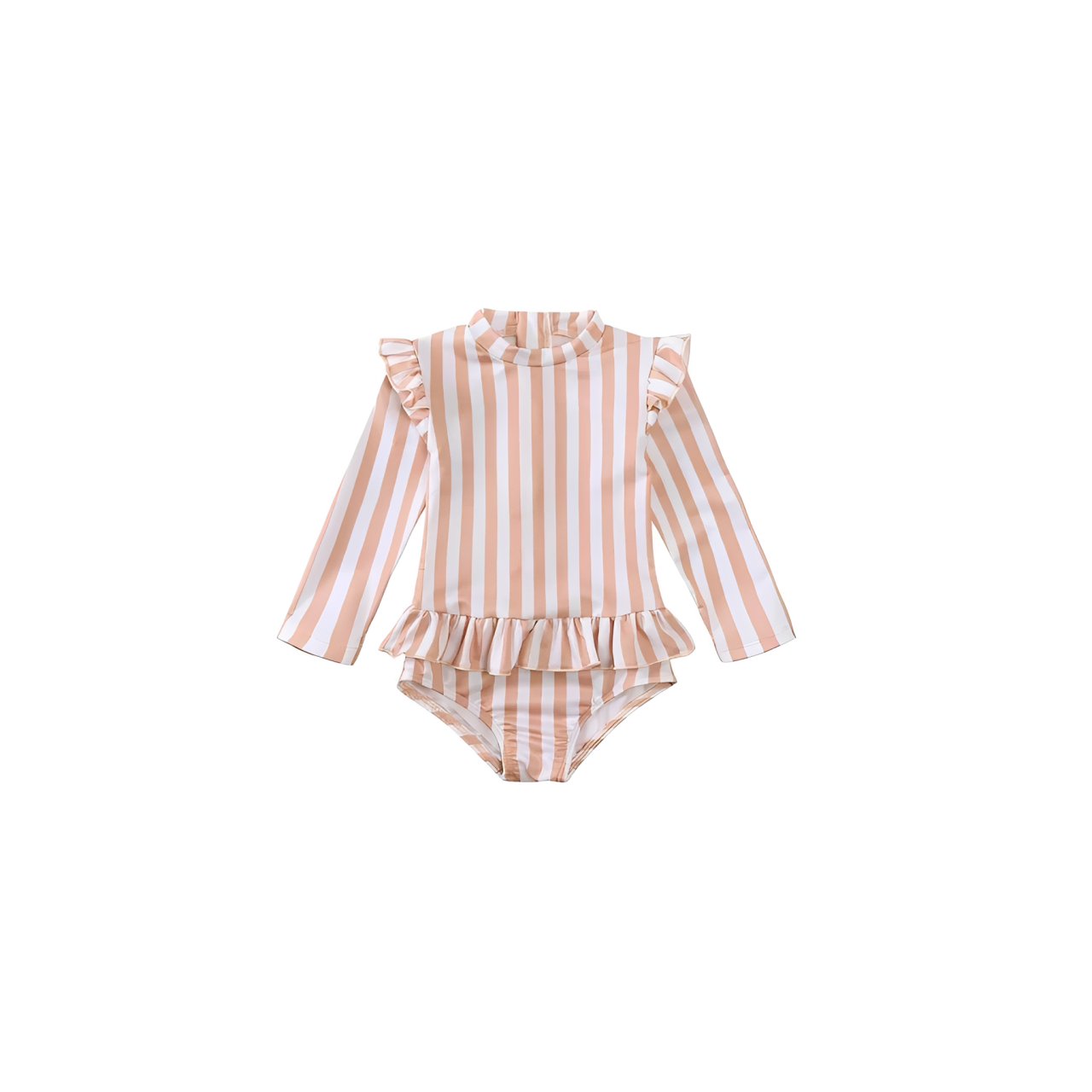 Baby long sleeve striped swimsuit peach and white front view with frill detail, soft stretchy baby swimwear for beach and pool