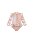 Baby long sleeve striped swimsuit peach and white front view with frill detail, soft stretchy baby swimwear for beach and pool