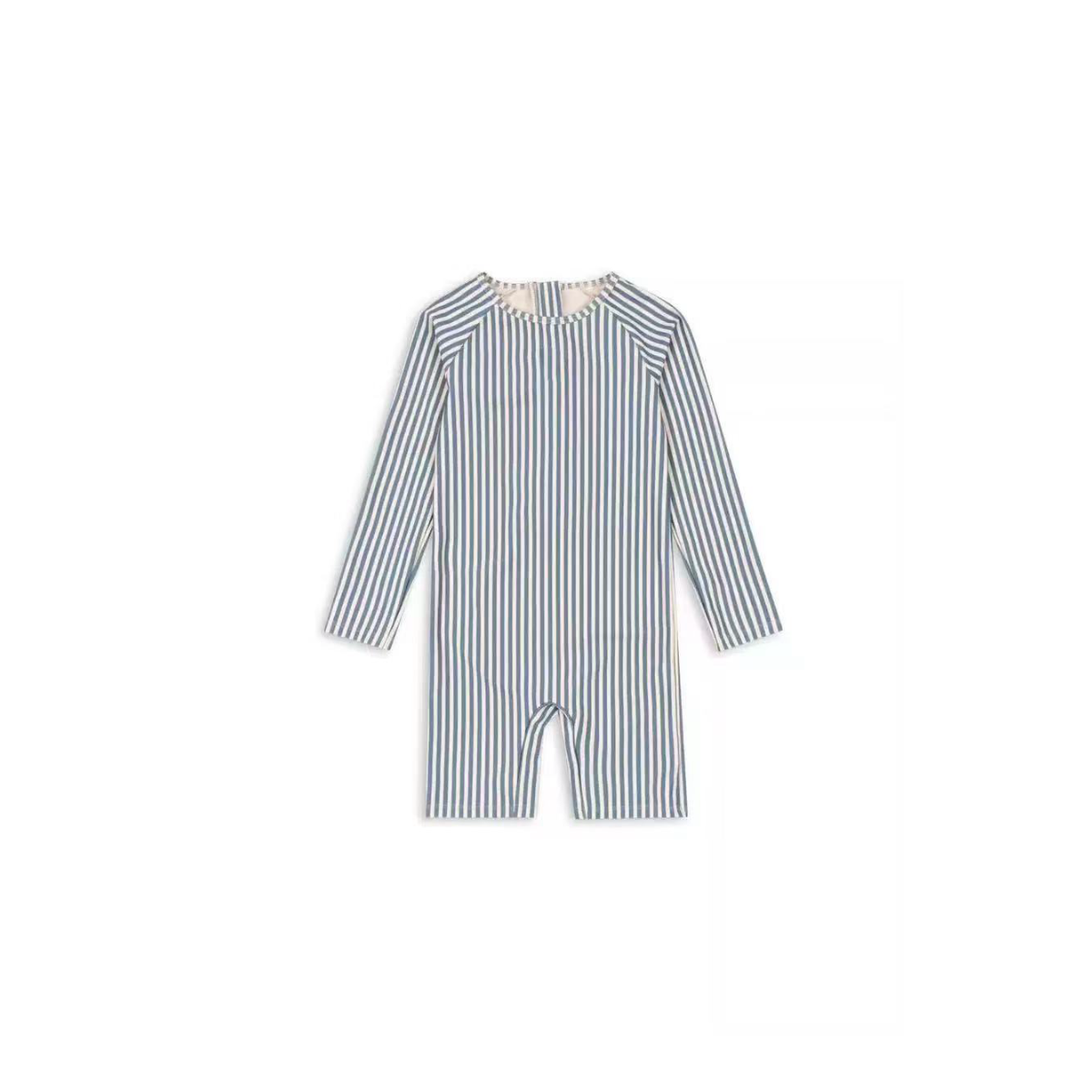 blue and white striped baby one-piece long sleeve rash suit