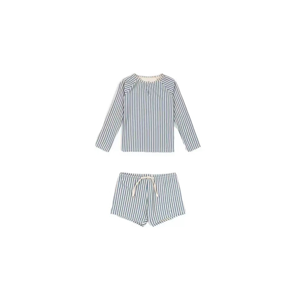blue and white striped baby long sleeve rash guard set with matching shorts
