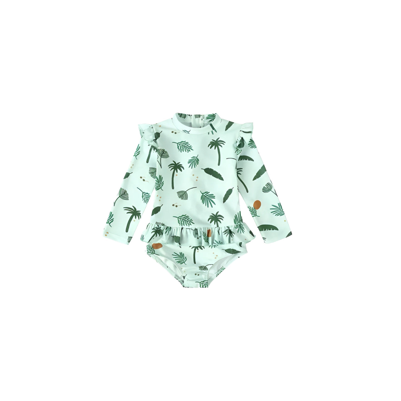 Baby tropical leaf long sleeve swimsuit green front view with frill detail, soft quick-dry baby swimwear with palm print UK