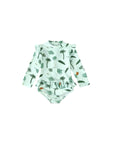 Baby tropical leaf long sleeve swimsuit green front view with frill detail, soft quick-dry baby swimwear with palm print UK